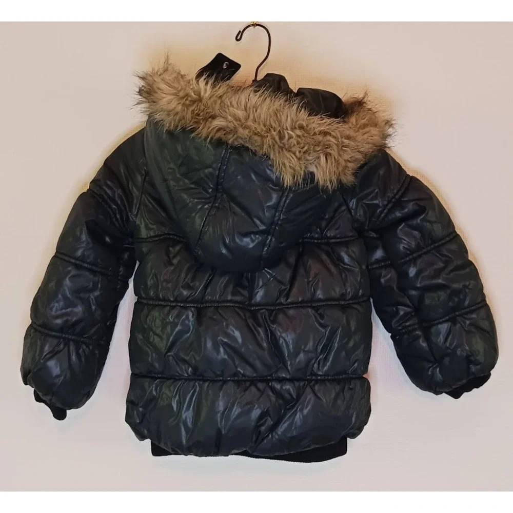 The Childrens Place Puffer Jacket, Black, Size S Zipper Faux Fur Trim, Snap Hood
